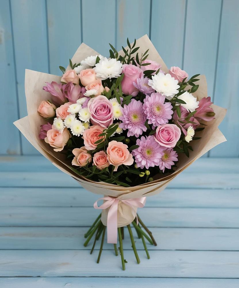 Букет цветов из: Хризантемы, Розы и Альстромерии в Черное