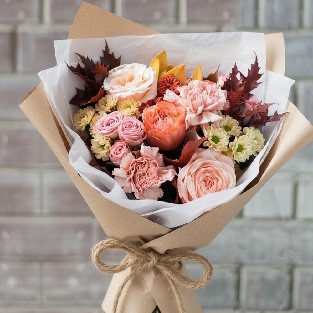 Букет цветов из: Гвоздики, Хризантемы и Розы в Черное