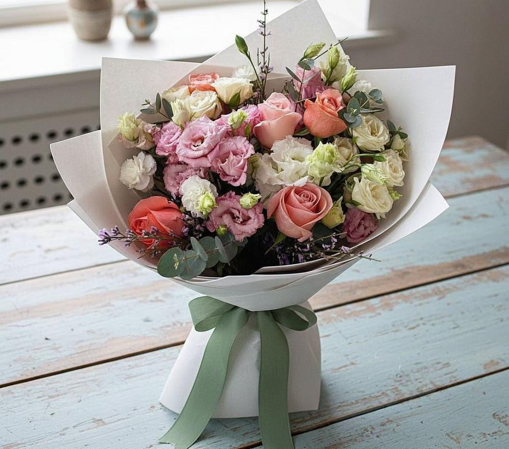 Букет цветов из: Розы, Лизиантусы и Гвоздики в Черное