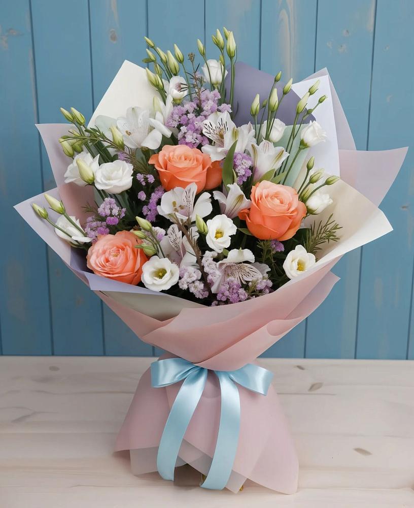 Букет цветов из: Лизиантусы, Розы, Альстромерии и Гипсофила в Черное