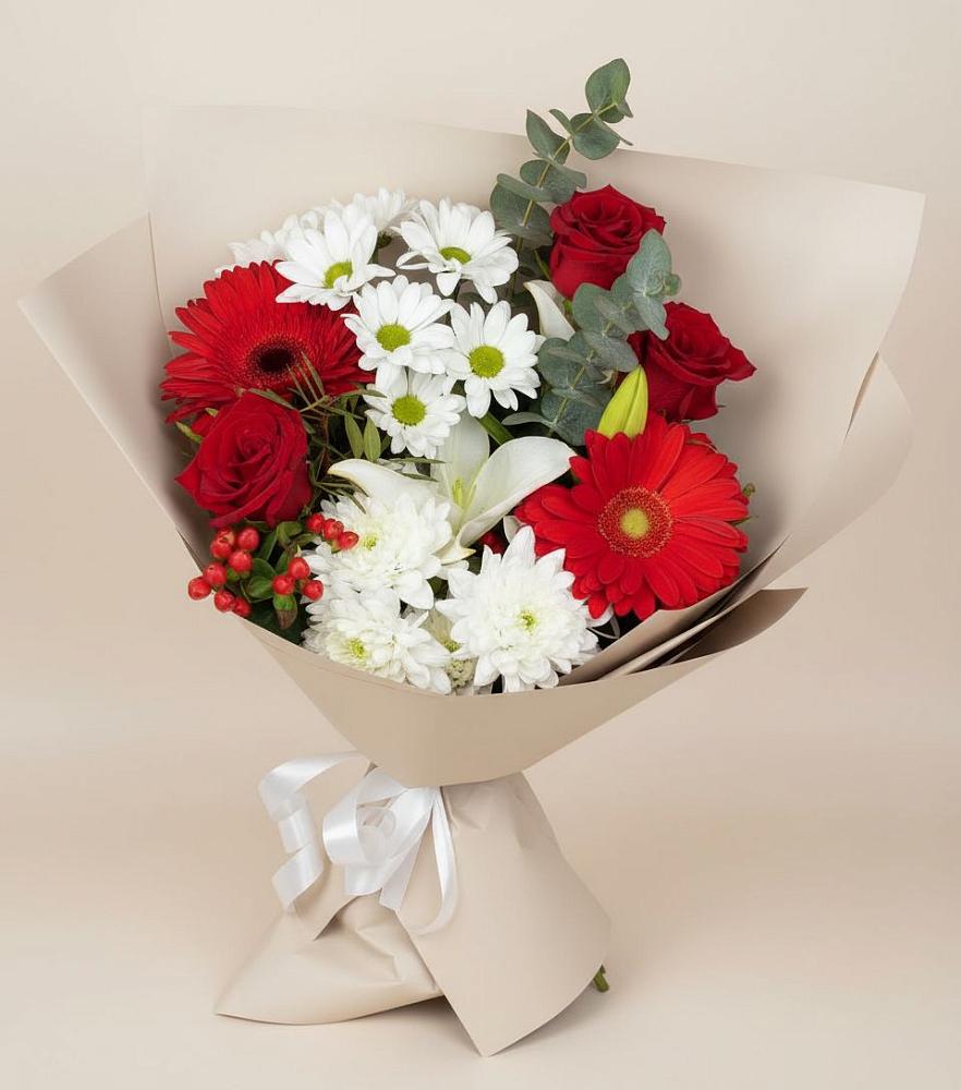 Букет цветов из: Розы, Хризантемы, Герберы и Лилии в Черное