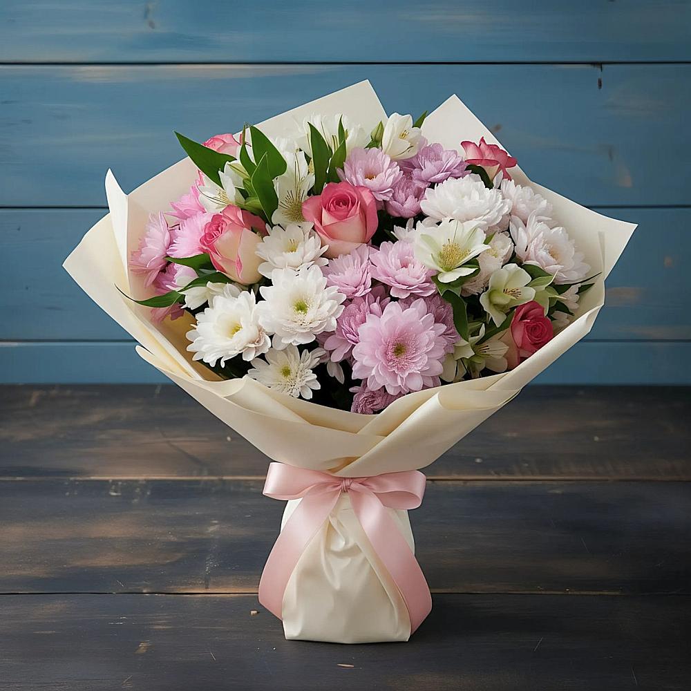 Букет цветов из: Хризантемы, Альстромерии и Розы в Черное